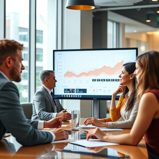 A business team in a meeting discussing financial charts on a screen.