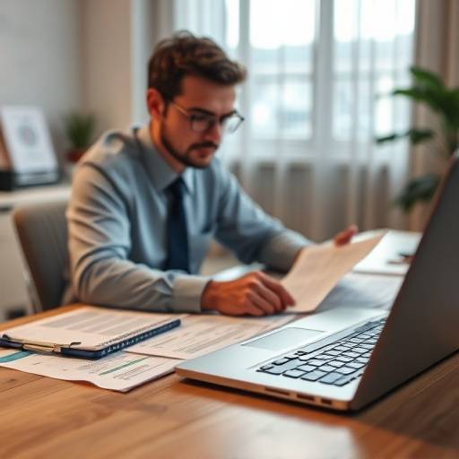 A professional working on tax forms and spreadsheets on a laptop.