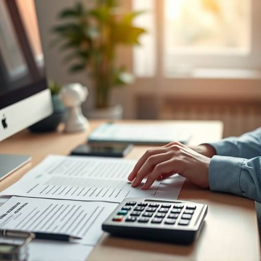An accountant reviewing financial documents at a desk with a calculator and computer.