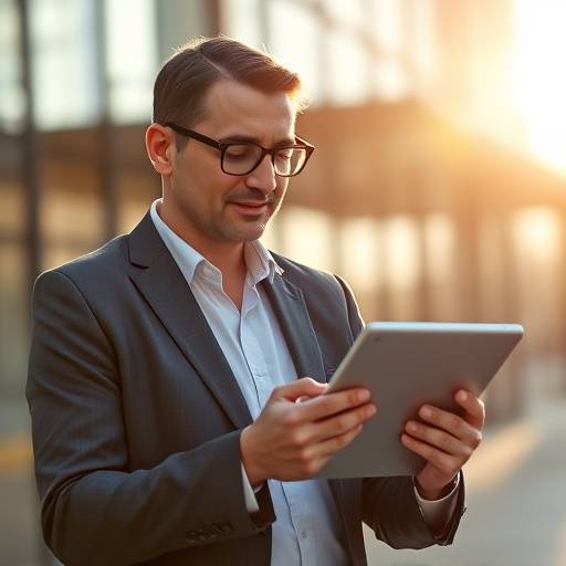 Conceptual image of a business owner reviewing a financial plan on a tablet with a positive outlook