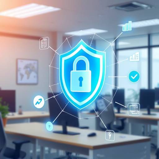 Illustration of secure data handling and privacy protection measures in an office setting.