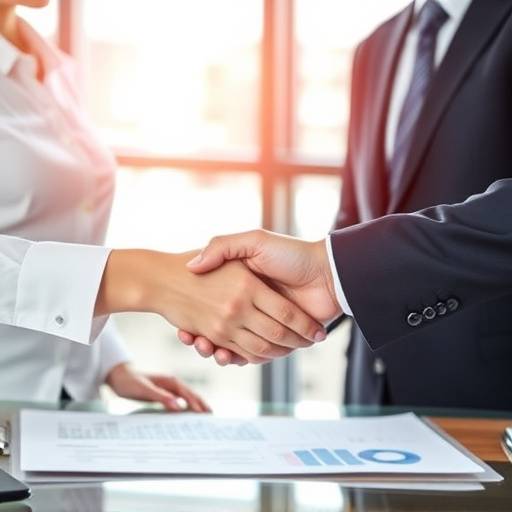 Image of two professionals shaking hands over financial documents, symbolizing partnership